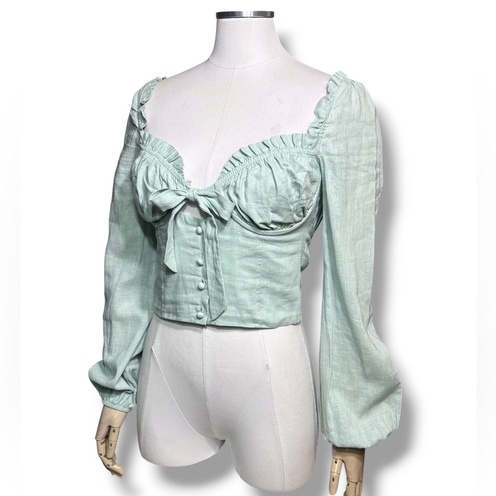 PRINCESS POLLY Light Green Linen Blend Cropped Tie Front Milkmaid Top Size 4